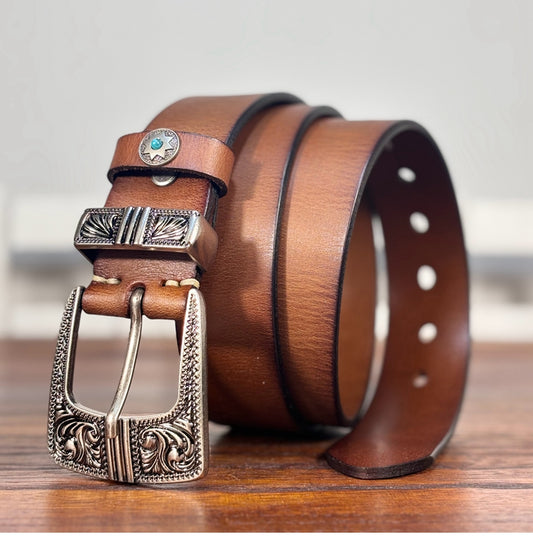TOYAR Handmade Vintage Tang grass buckle Women's Genuine Leather Belt