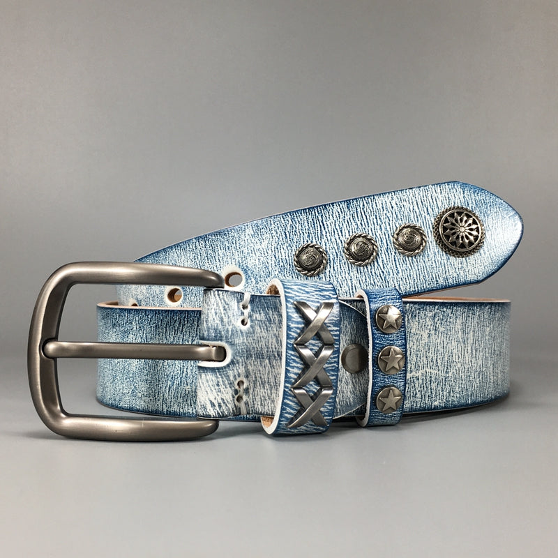 TOYAR Handmade Vintage White Blue Ladies Genuine Leather Belt