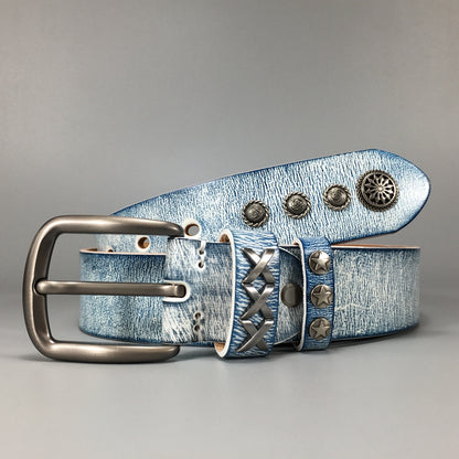 TOYAR Handmade Vintage White Blue Ladies Genuine Leather Belt