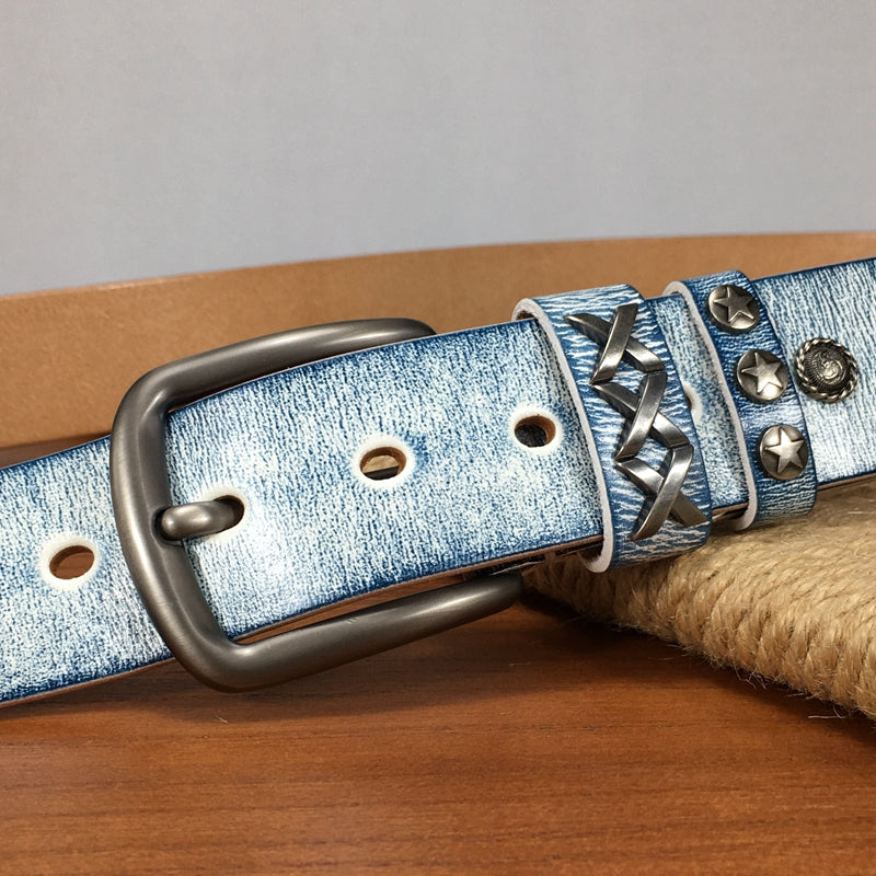 TOYAR Handmade Vintage White Blue Ladies Genuine Leather Belt