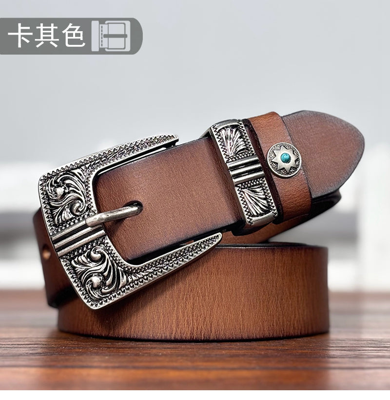 TOYAR Handmade Vintage Tang grass buckle Women's Genuine Leather Belt