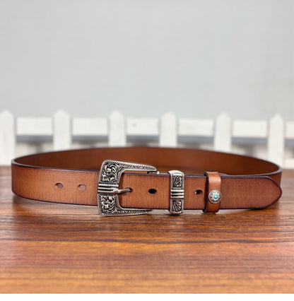 TOYAR Handmade Vintage Tang grass buckle Women's Genuine Leather Belt