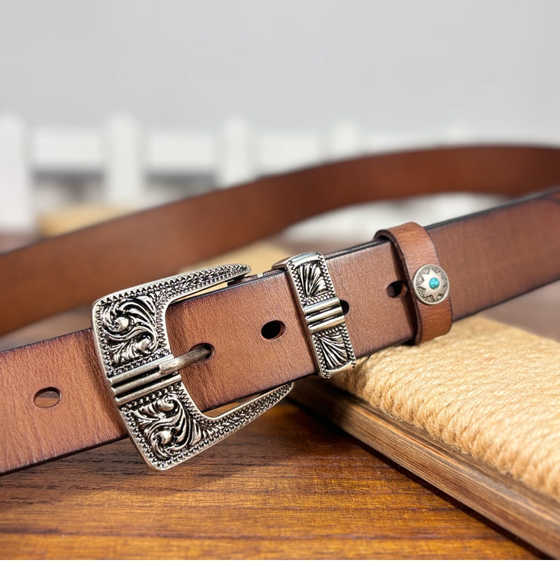 TOYAR Handmade Vintage Tang grass buckle Women's Genuine Leather Belt