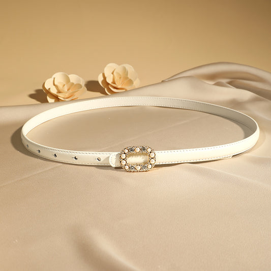 TOYAR Square Rhinestone Pearl Zinc Alloy Buckle Genuine Leather Belt