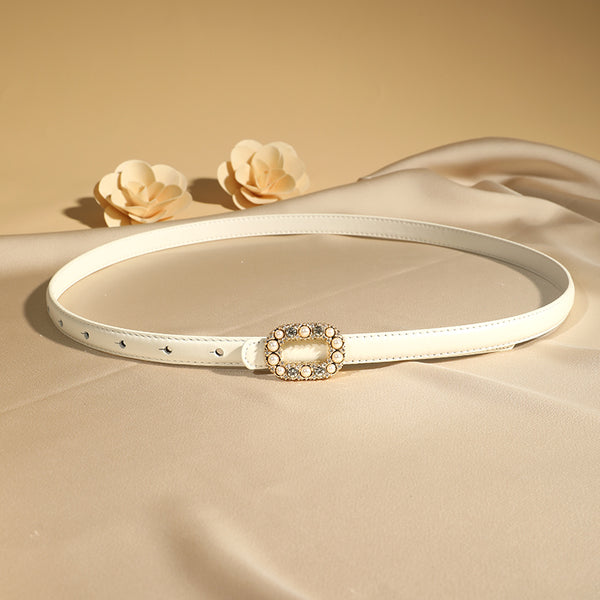 TOYAR Square Rhinestone Pearl Zinc Alloy Buckle Genuine Leather Belt