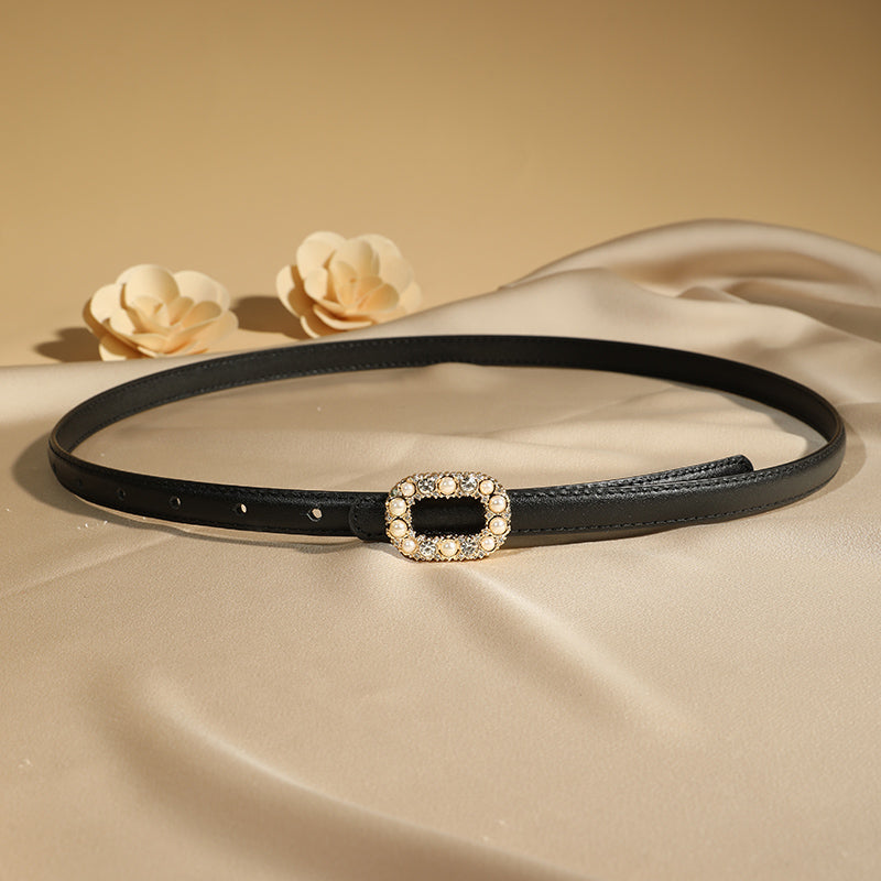 TOYAR Square Rhinestone Pearl Zinc Alloy Buckle Genuine Leather Belt