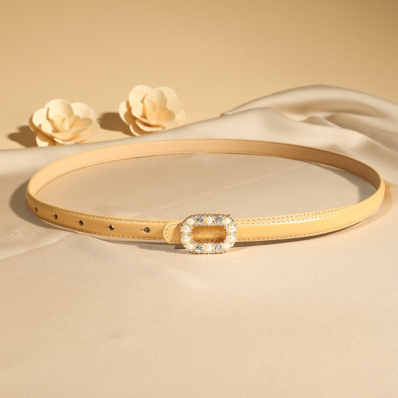 TOYAR Square Rhinestone Pearl Zinc Alloy Buckle Genuine Leather Belt