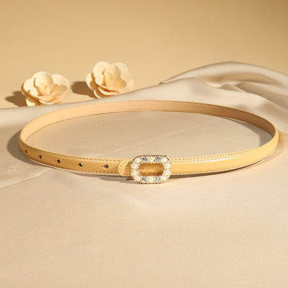 TOYAR Square Rhinestone Pearl Zinc Alloy Buckle Genuine Leather Belt