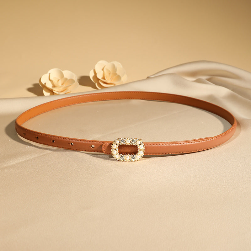 TOYAR Square Rhinestone Pearl Zinc Alloy Buckle Genuine Leather Belt