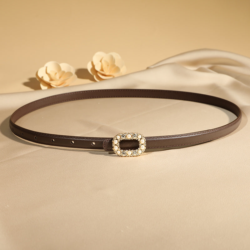 TOYAR Square Rhinestone Pearl Zinc Alloy Buckle Genuine Leather Belt